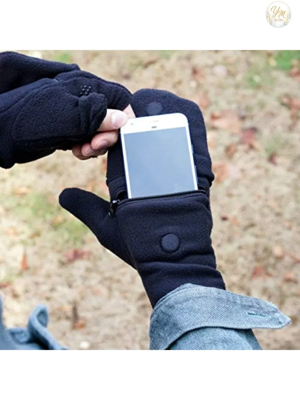 Fleece Fingerless Gloves With Zipper Pocket, Removable Hood, Grip Dots